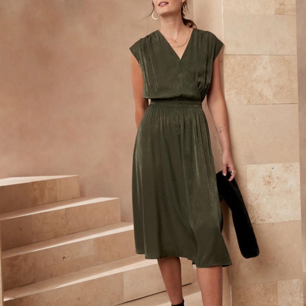 Shiny green wrap midi dress